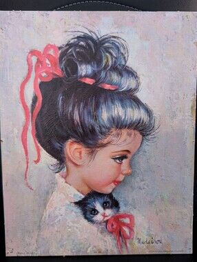 Vtg SUGAR BUN by Medeiros Big Eyed Girl & Kitten Litho Print Cardboard 16x20